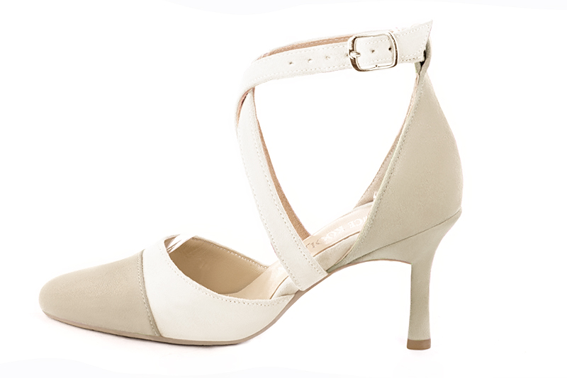 Champagne beige and off white women's open side shoes, with crossed straps. Round toe. High slim heel. Profile view - Florence KOOIJMAN
